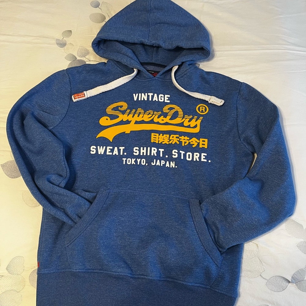 Vintage SUPERDRY Heavyweight Hoodie in Royal Blue - Unisex S Oversized